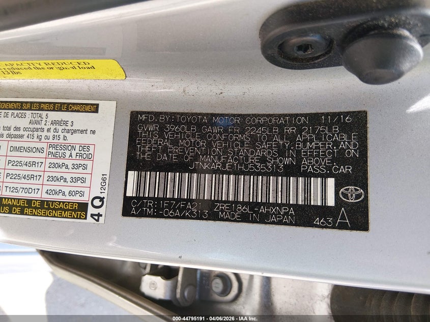2017 Toyota Corolla VIN JTNKARJE1HJ535313 IAAI salvage auction — FRONT END, Salvage (Mississippi), sold $1,850 on 2026-07-20 (photo 9)