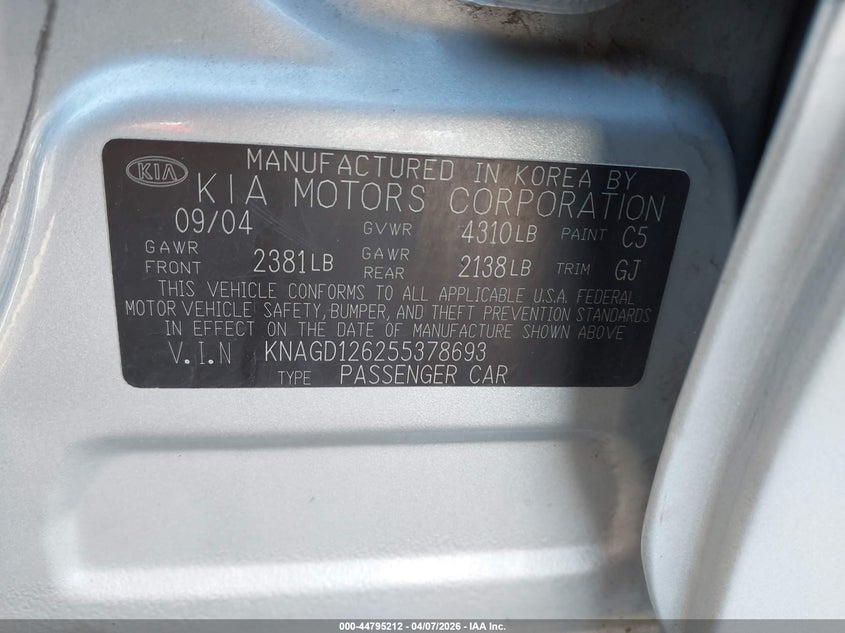 2005 Kia Optima VIN KNAGD126255378693 IAAI salvage auction — RIGHT FRONT, Bill Of Sale (Washington), sold $200 on 2026-07-07 (photo 9)