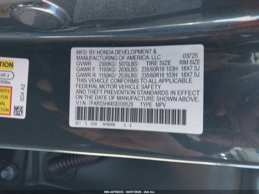 2025 Honda Cr-v VIN 7FARS5H84SE039529 IAAI salvage auction — FRONT END, Salvage (Georgia), sold $14,750 on 2026-07-14 (photo 9)