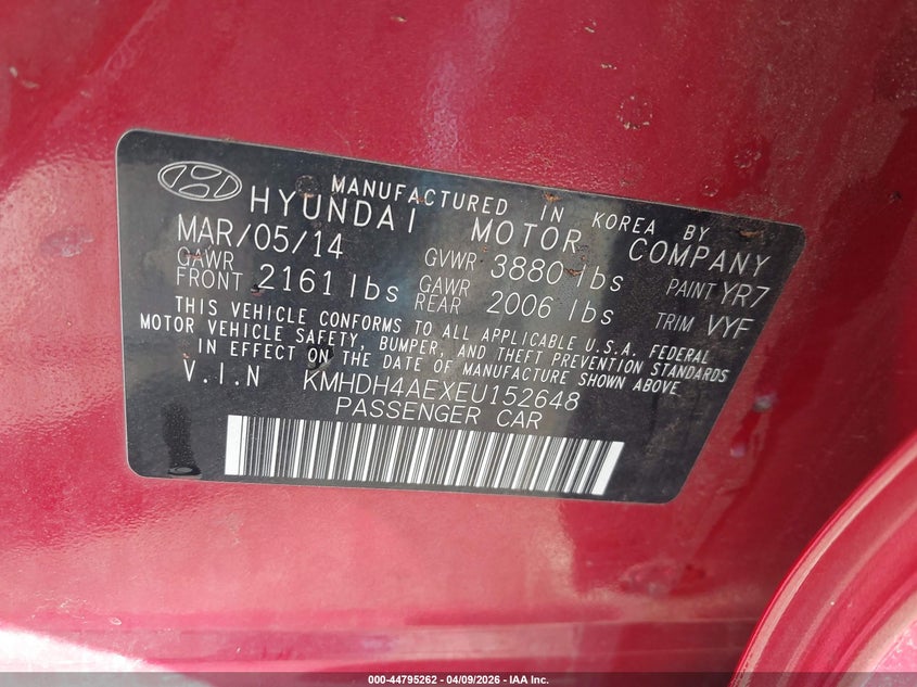 2014 Hyundai Elantra VIN KMHDH4AEXEU152648 IAAI salvage auction — FRONT END, Clear (Oklahoma), sold $25 on 2026-07-22 (photo 9)