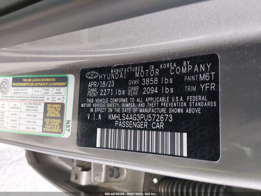 2023 Hyundai Elantra VIN KMHLS4AG3PU572673 IAAI salvage auction — FRONT END, Wait Title, sold $8,100 on 2026-07-09 (photo 9)