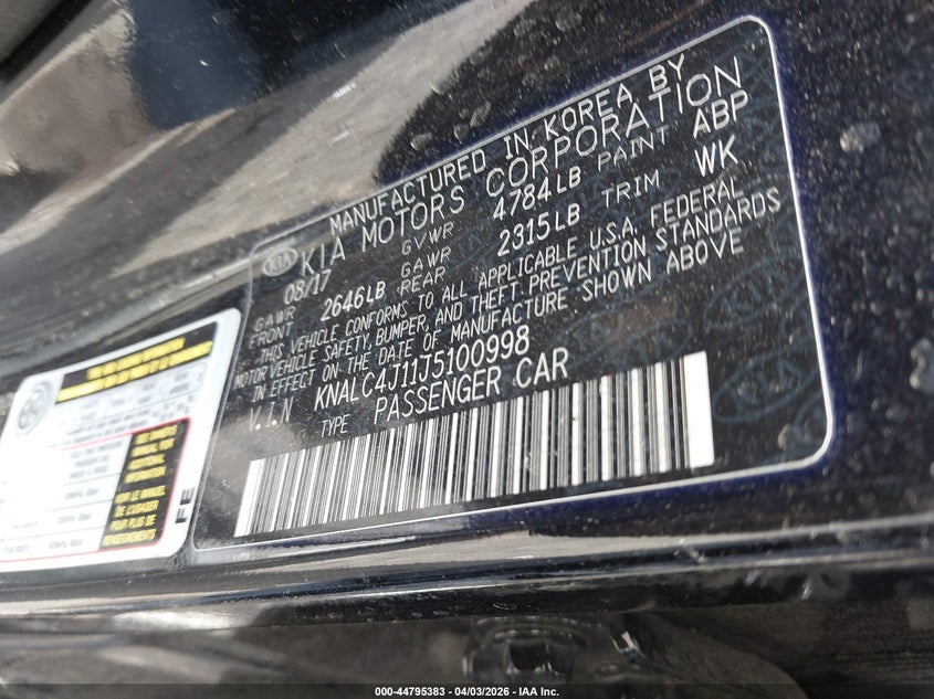 2018 Kia Cadenza VIN KNALC4J11J5100998 IAAI salvage auction — TOTAL BURN, Wait Title, sold $225 on 2026-07-08 (photo 9)