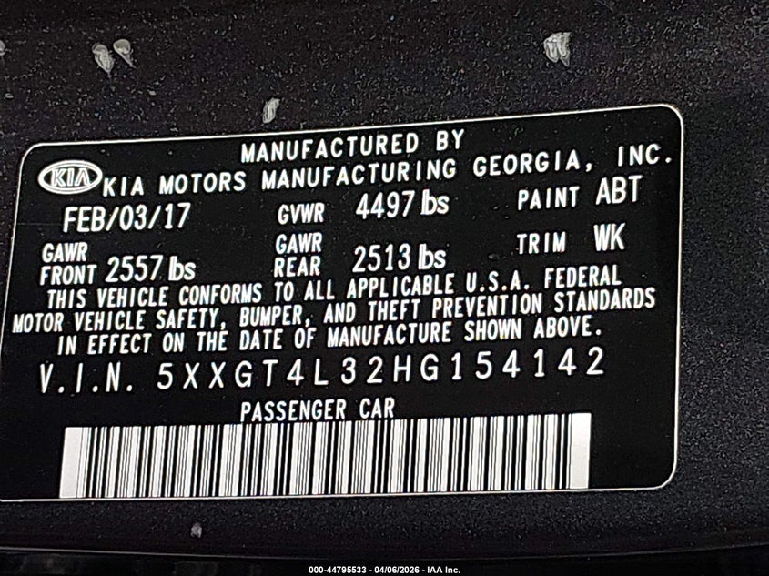 2017 Kia Optima VIN 5XXGT4L32HG154142 IAAI salvage auction — RIGHT FRONT, Salvage Title, sold $1,600 on 2026-08-02 (photo 9)
