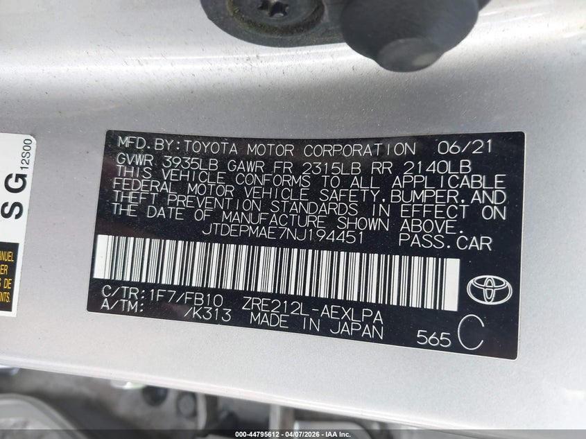 2022 Toyota Corolla VIN JTDEPMAE7NJ194451 IAAI salvage auction — FRONT END, Salvage (New Mexico), sold $1,550 on 2026-07-13 (photo 9)