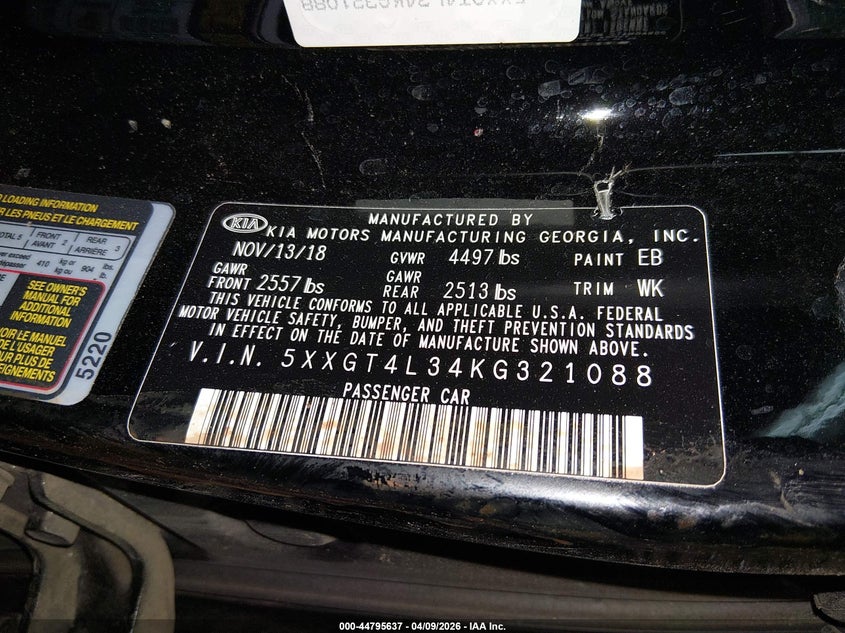 2019 Kia Optima VIN 5XXGT4L34KG321088 IAAI salvage auction — ALL OVER, Non-Repairable (Arizona), sold $1,375 on 2026-07-28 (photo 9)