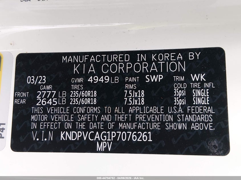 2023 Kia Sportage hybrid VIN KNDPVCAG1P7076261 IAAI salvage auction — FRONT END, Wait Title, sold $5,250 on 2026-07-13 (photo 9)