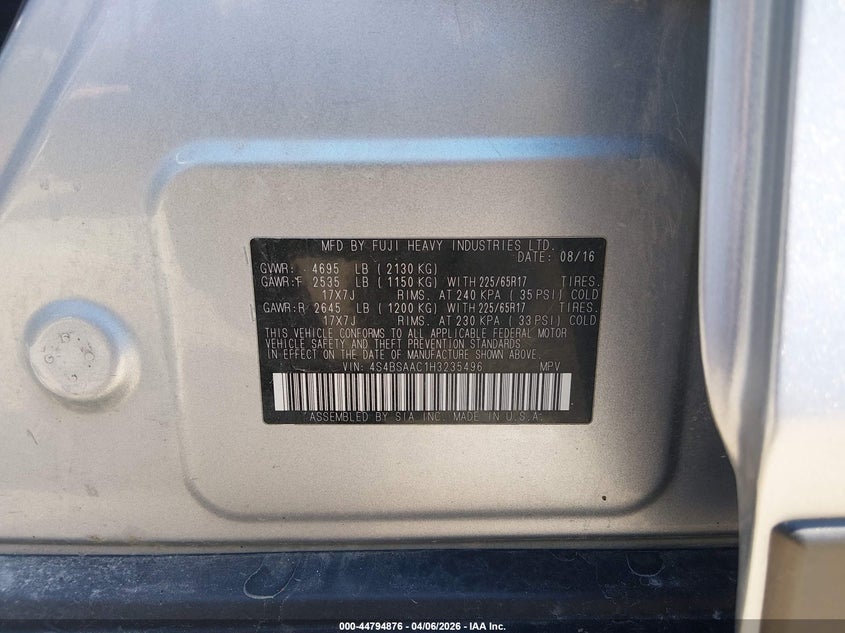 2017 Subaru Outback VIN 4S4BSAAC1H3235496 IAAI salvage auction — ALL OVER, Salvage (Kansas), sold $850 on 2026-07-24 (photo 9)