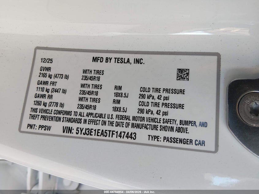 2026 Tesla Model 3 VIN 5YJ3E1EA5TF147443 IAAI salvage auction — FRONT & REAR, Wait Title, sold $15,400 on 2026-07-09 (photo 9)