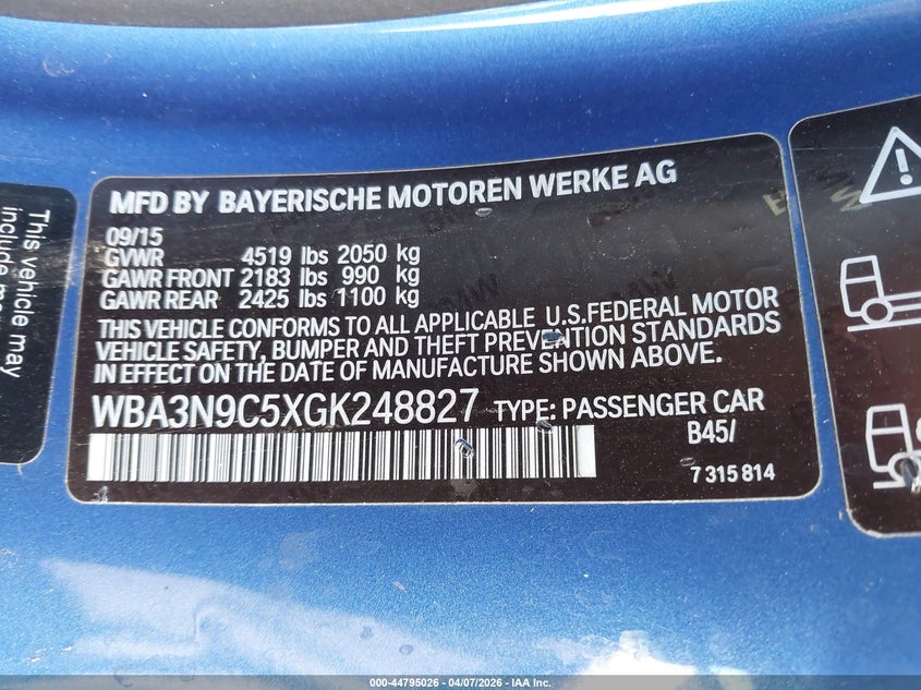 2016 BMW 4er VIN WBA3N9C5XGK248827 IAAI salvage auction — FRONT END, Salvage Title, sold $2,900 on 2026-07-06 (photo 9)