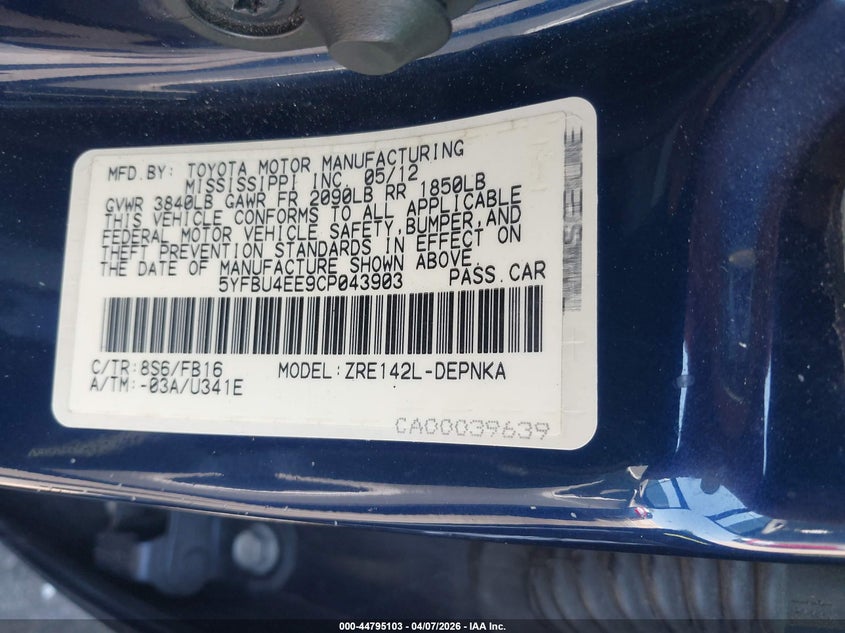 2012 Toyota Corolla VIN 5YFBU4EE9CP043903 IAAI salvage auction — FRONT END, Wait Title, sold $775 on 2026-07-10 (photo 9)