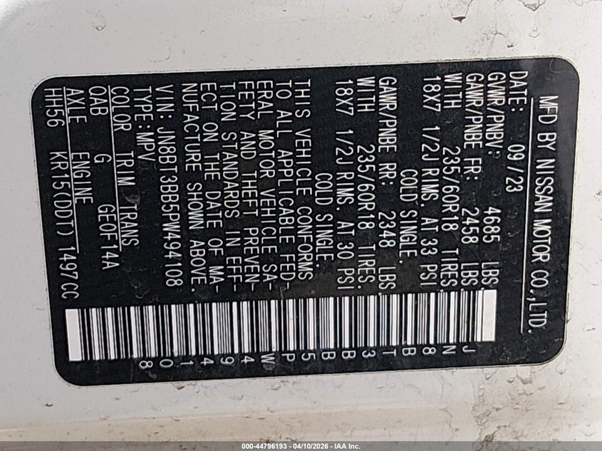2023 Nissan Rogue VIN JN8BT3BB5PW494108 IAAI salvage auction — FRONT END, Salvage Title, sold $1,900 on 2026-07-22 (photo 9)