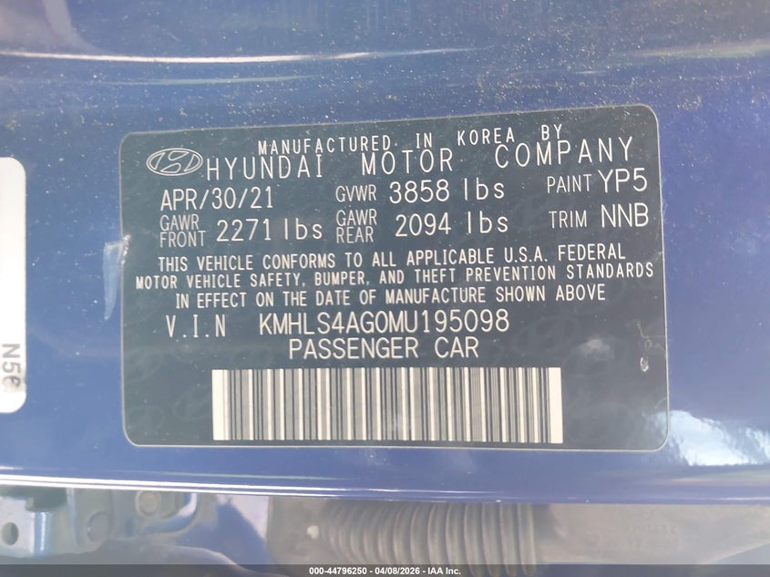 2021 Hyundai Elantra VIN KMHLS4AG0MU195098 IAAI salvage auction — FRONT END, Original (Texas), sold $2,450 on 2026-07-06 (photo 9)