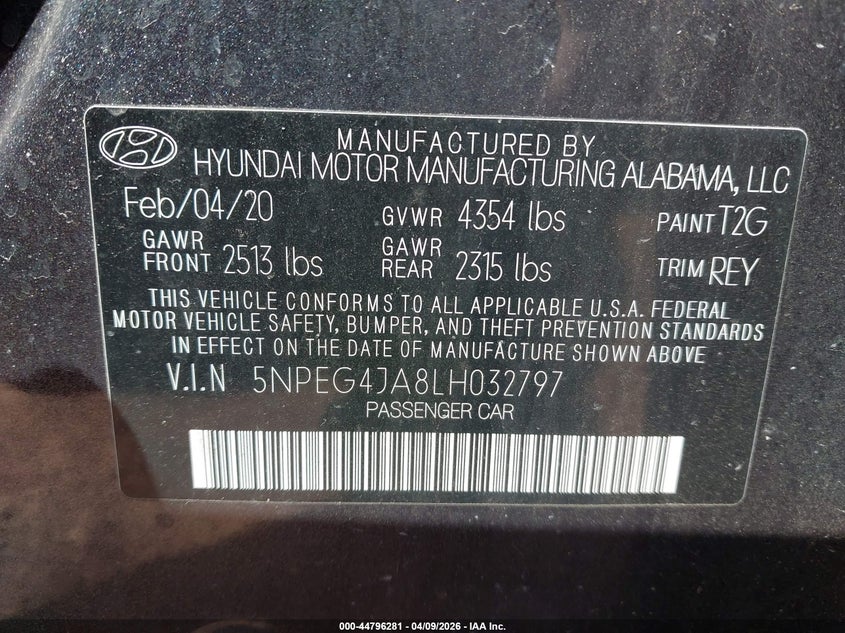 2020 Hyundai Sonata VIN 5NPEG4JA8LH032797 IAAI salvage auction — LEFT SIDE, Bill Of Sale (Kentucky), sold $1,250 on 2026-07-23 (photo 9)