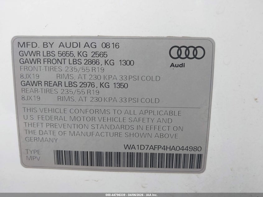 2017 Audi Q5 VIN WA1D7AFP4HA044980 IAAI salvage auction — FRONT END, Clear (Michigan), sold $1,150 on 2026-07-06 (photo 9)