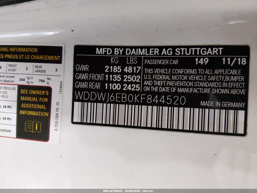 2019 Mercedes-benz VIN WDDWJ6EB0KF844520 IAAI salvage auction — FRONT END, Wait Title, sold $2,100 on 2026-07-10 (photo 9)
