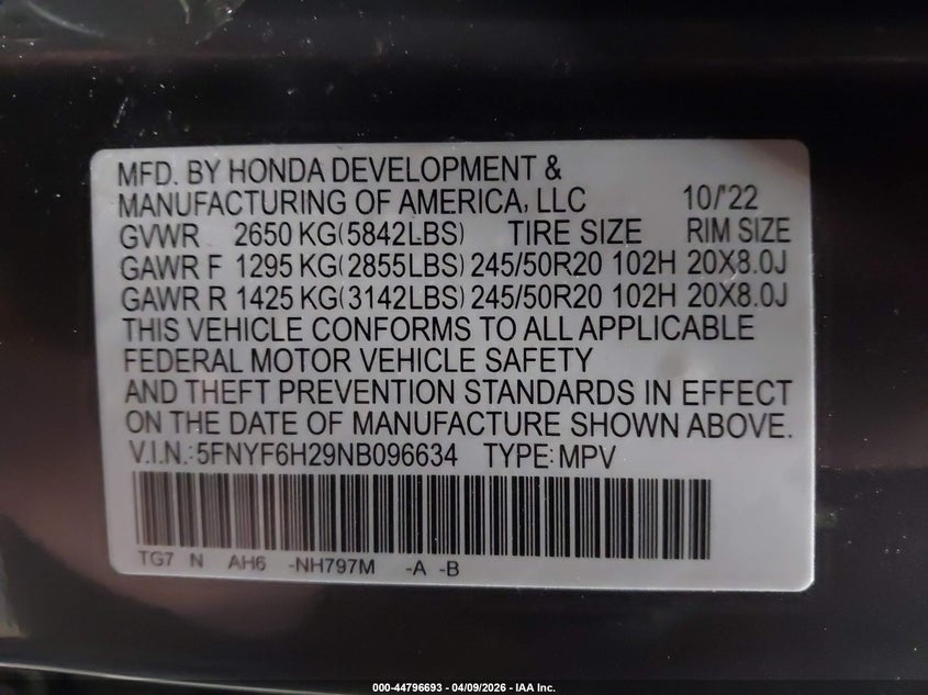 2022 Honda Pilot VIN 5FNYF6H29NB096634 IAAI salvage auction — FRONT END, Regular (South Dakota), sold $9,600 on 2026-07-28 (photo 9)