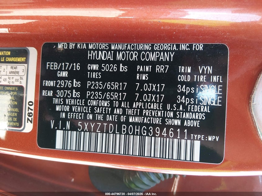 2017 Hyundai Santa fe VIN 5XYZTDLB0HG394611 IAAI salvage auction — REAR END, Salvage (New Jersey), sold $3,400 on 2026-07-06 (photo 9)