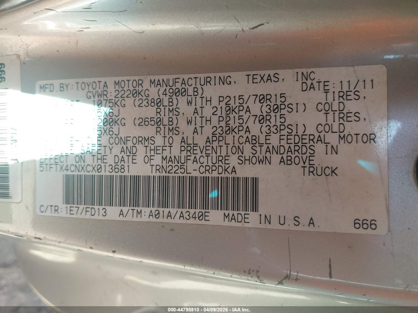 2012 Toyota Tacoma VIN 5TFTX4CNXCX013681 IAAI salvage auction — LEFT FRONT, Salvage Title, sold $2,300 on 2026-07-15 (photo 9)