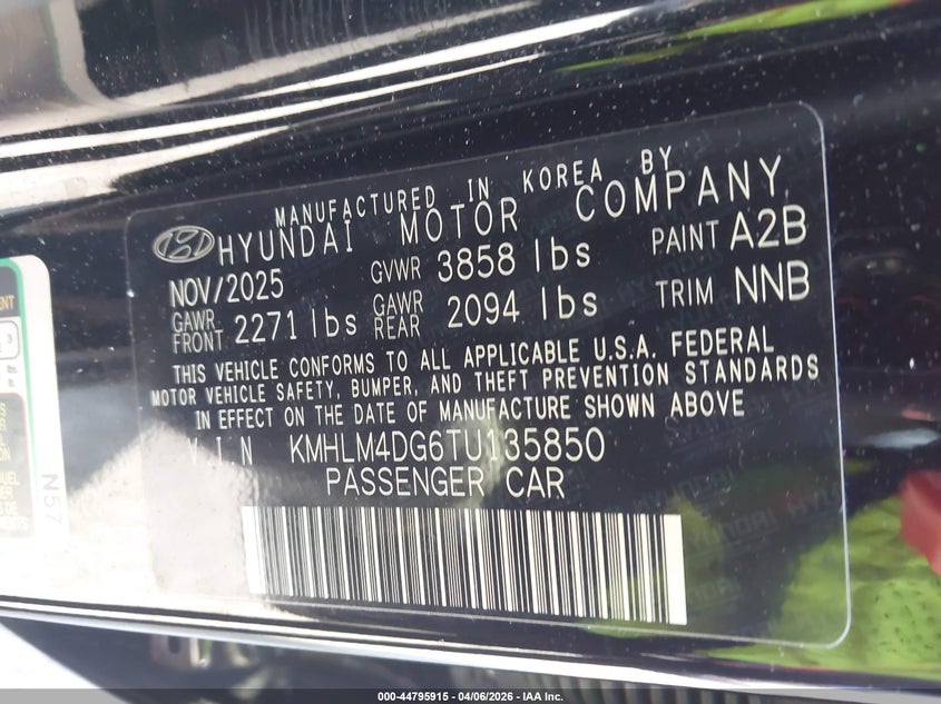 2026 Hyundai Elantra VIN KMHLM4DG6TU135850 IAAI salvage auction — REAR END, Salvage (Illinois), sold $6,975 on 2026-07-07 (photo 9)