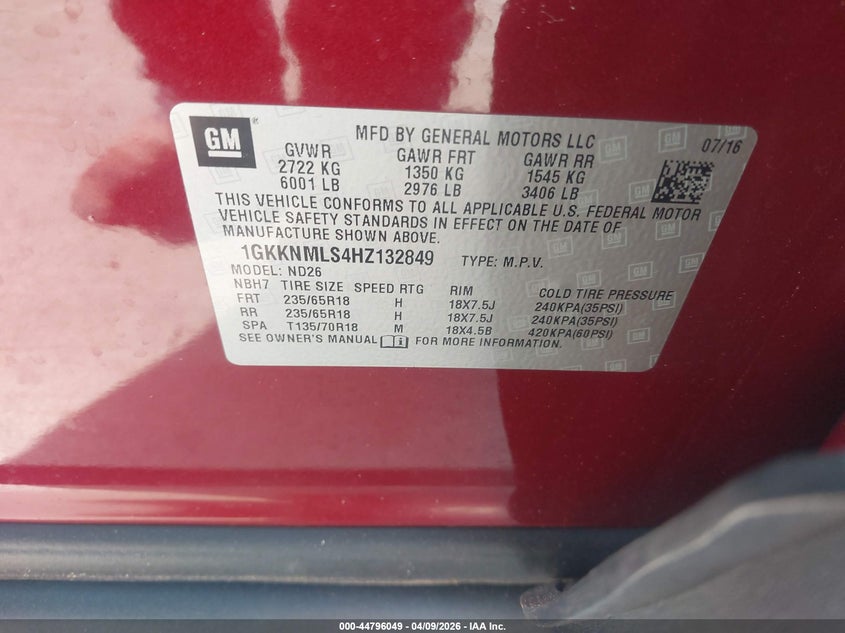 2017 Gmc Acadia VIN 1GKKNMLS4HZ132849 IAAI salvage auction — LEFT SIDE, Original (Texas), sold $4,650 on 2026-07-10 (photo 9)