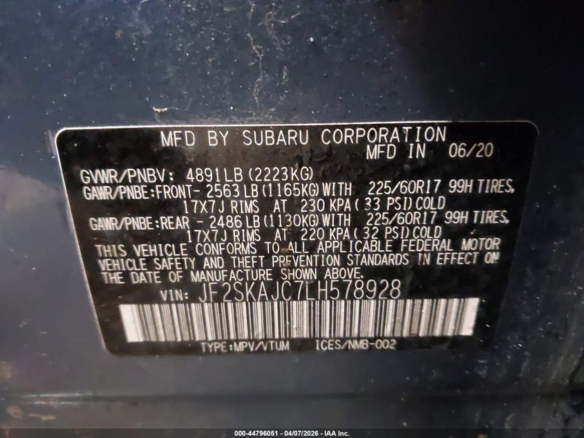 2020 Subaru Forester VIN JF2SKAJC7LH578928 IAAI salvage auction — FRONT END, Salvage (Maine), sold $4,825 on 2026-07-20 (photo 9)