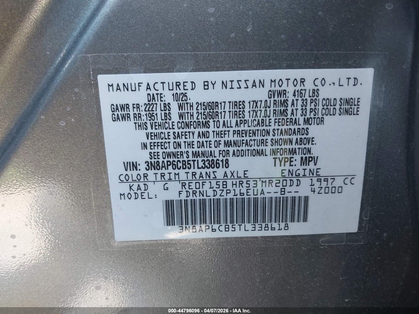 2026 Nissan Kicks VIN 3N8AP6CB5TL338618 IAAI salvage auction — FRONT END, Salvage Title, sold $2,700 on 2026-07-22 (photo 9)