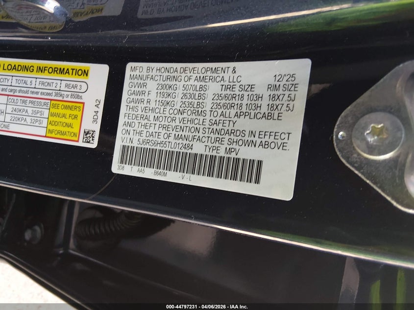 2026 Honda Cr-v VIN 5J6RS6H55TL012484 IAAI salvage auction — FRONT END, Salvage (New Jersey), sold $16,200 on 2026-07-31 (photo 9)
