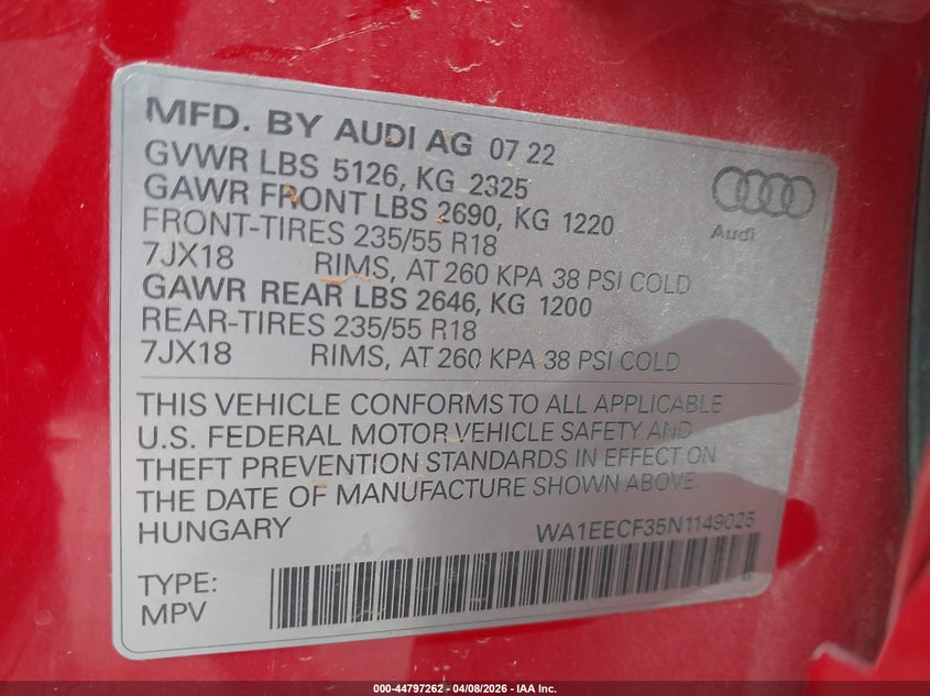 2022 Audi Q3 VIN WA1EECF35N1149025 IAAI salvage auction — ROLLOVER, Salvage (Texas), sold $2,175 on 2026-07-28 (photo 9)