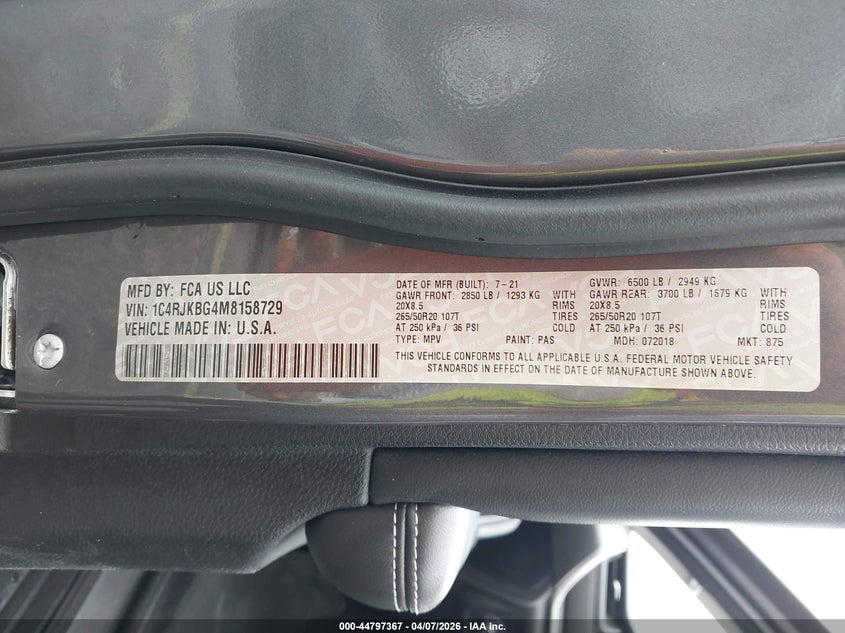 2021 Jeep Grand cherokee VIN 1C4RJKBG4M8158729 IAAI salvage auction — RIGHT SIDE, Salvage (Massachusetts), sold $8,100 on 2026-07-30 (photo 9)