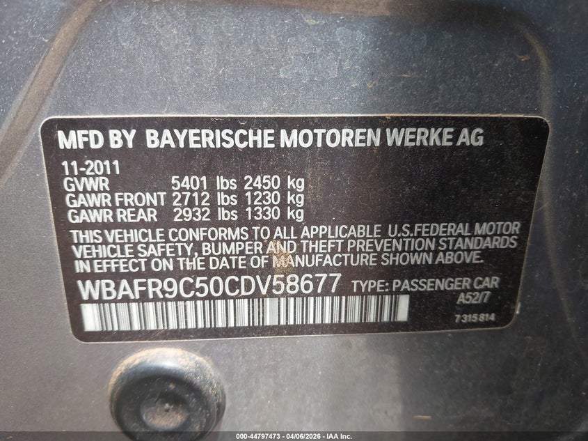 2012 BMW 5er VIN WBAFR9C50CDV58677 IAAI salvage auction — WATER/FLOOD, Salvage (Hawaii), sold $375 on 2026-08-04 (photo 9)