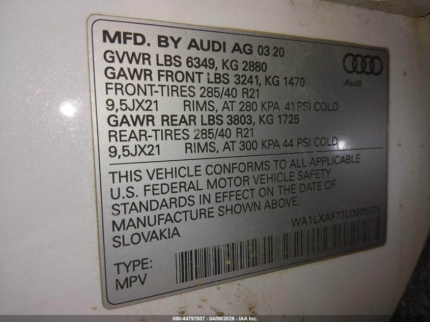 2020 Audi Q7 VIN WA1LXAF77LD008025 IAAI salvage auction — UNDERCARRIAGE, Salvage (Maine), sold $12,600 on 2026-07-30 (photo 9)