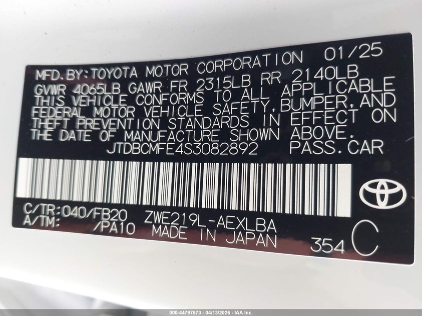 2025 Toyota Corolla VIN JTDBCMFE4S3082892 IAAI salvage auction — WATER/FLOOD, Salvage (Hawaii), sold $4,050 on 2026-07-28 (photo 9)