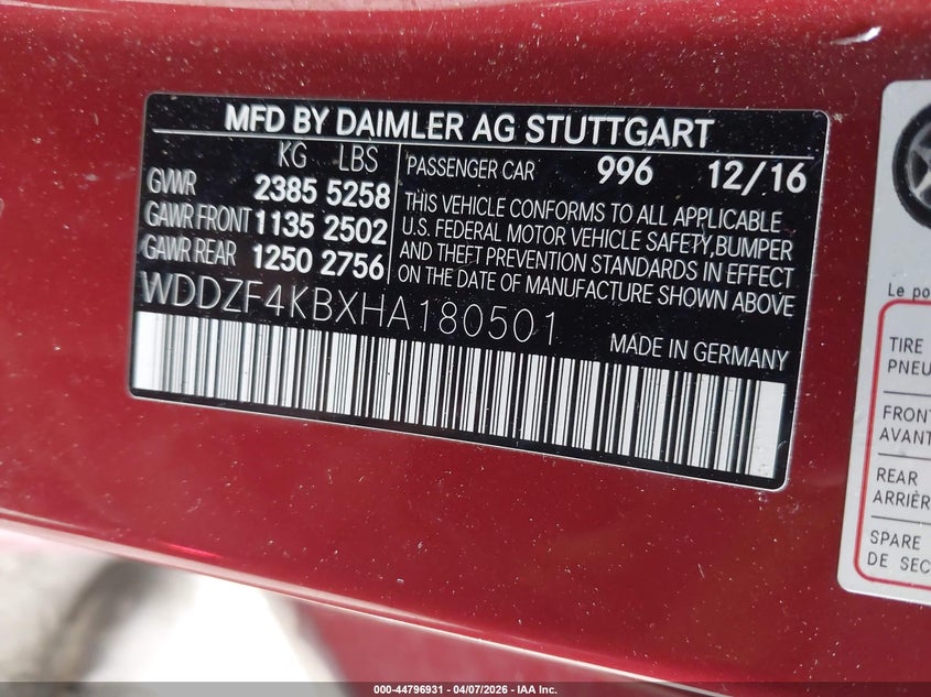2017 Mercedes-benz E-klasse VIN WDDZF4KBXHA180501 IAAI salvage auction — FRONT END, Salvage Title, sold $9,375 on 2026-07-14 (photo 9)