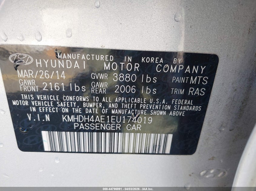2014 Hyundai Elantra VIN KMHDH4AE1EU174019 IAAI salvage auction — FRONT END, Wait Title, sold $275 on 2026-07-23 (photo 9)