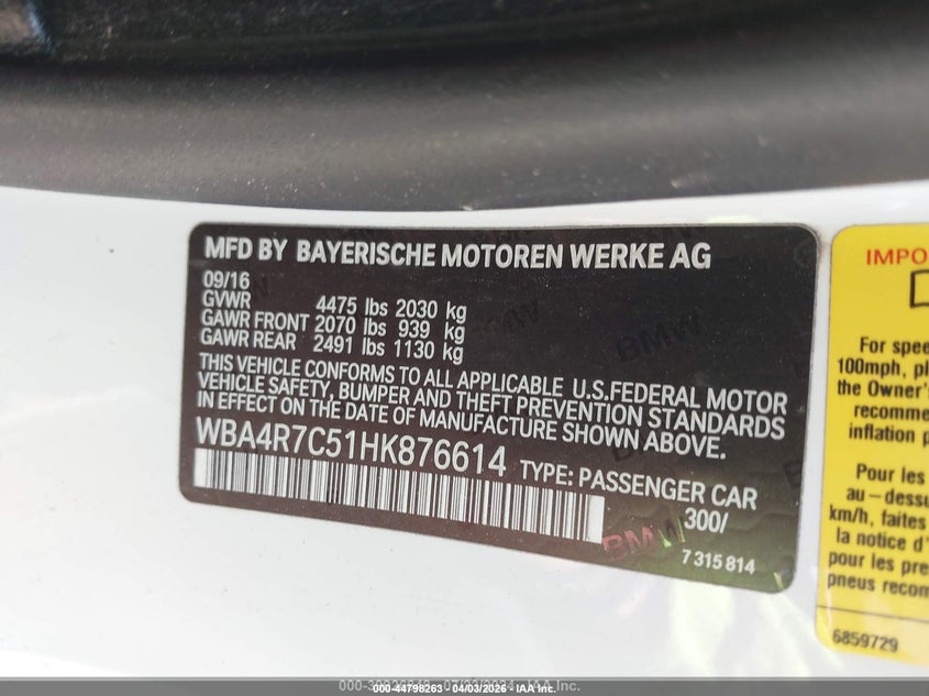 2017 BMW 4er VIN WBA4R7C51HK876614 IAAI salvage auction — FRONT & REAR, Wait Title, sold $125 on 2026-07-21 (photo 9)