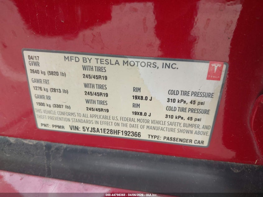 2017 Tesla Model s VIN 5YJSA1E28HF192366 IAAI salvage auction — REAR END, Wait Title, sold $8,600 on 2026-07-25 (photo 9)