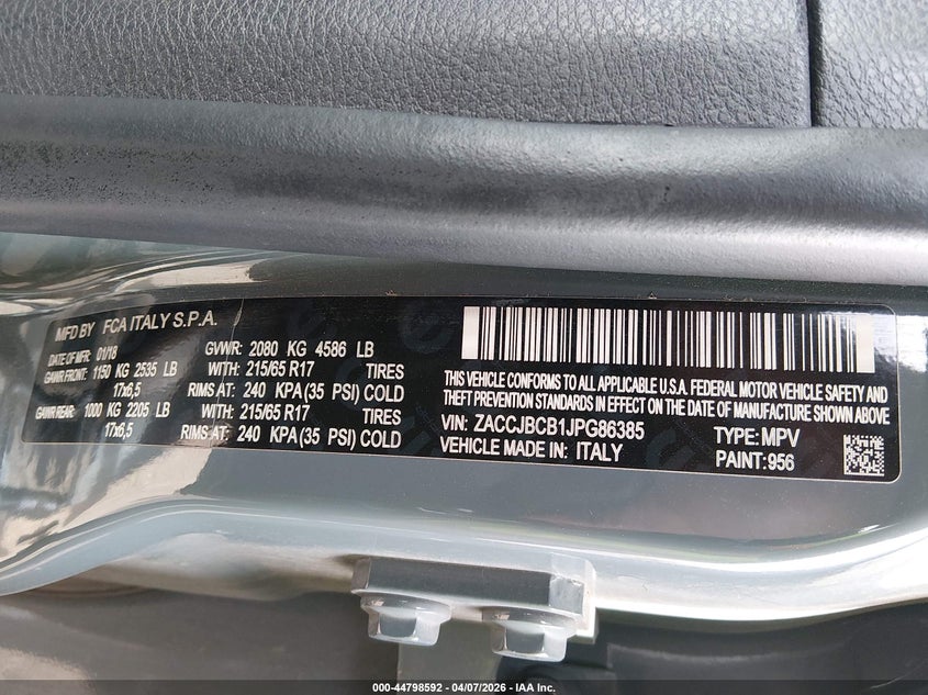 2018 Jeep Renegade VIN ZACCJBCB1JPG86385 IAAI salvage auction — FRONT END, Salvage (Colorado), sold $1,100 on 2026-07-14 (photo 9)