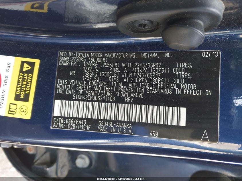2013 Toyota Highlander VIN 5TDBK3EH3DS211408 IAAI salvage auction — LEFT SIDE, Mv-907A (New York), sold $4,550 on 2026-07-07 (photo 9)