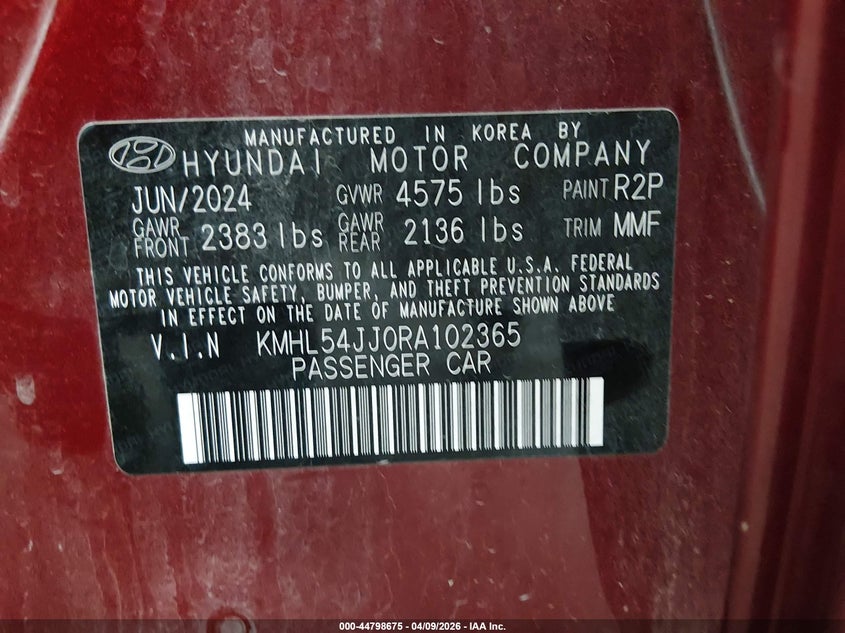 2024 Hyundai Sonata VIN KMHL54JJ0RA102365 IAAI salvage auction — REAR END, Salvage Title, sold $9,750 on 2026-07-17 (photo 9)