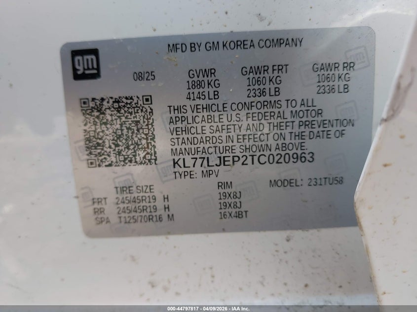 2026 Chevrolet Trax VIN KL77LJEP2TC020963 IAAI salvage auction — FRONT END, Wait Title, sold $2,850 on 2026-07-23 (photo 9)