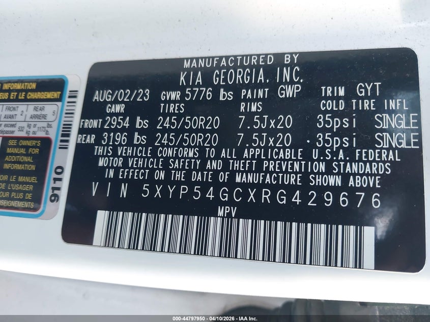 2024 Kia Telluride VIN 5XYP54GCXRG429676 IAAI salvage auction — FRONT END, Original (Texas), sold $9,650 on 2026-07-21 (photo 9)