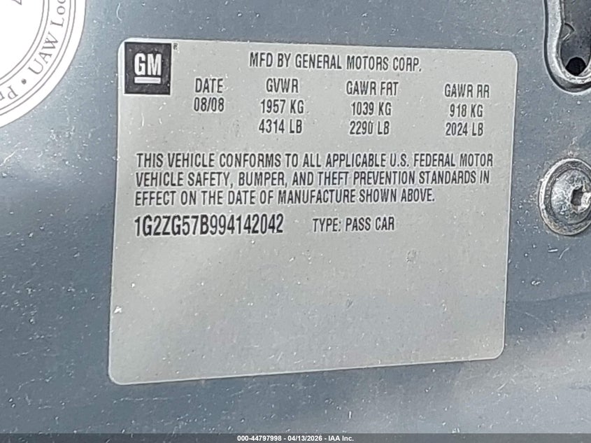 2009 Pontiac G6 VIN 1G2ZG57B994142042 IAAI salvage auction — FRONT END, Salvage (Mississippi), sold $200 on 2026-08-29 (photo 9)