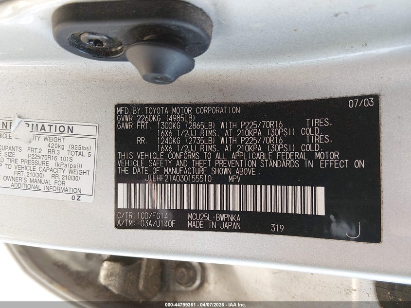 2003 Toyota Highlander VIN JTEHF21A030155510 IAAI salvage auction — FRONT END, Clear (Virginia), sold $175 on 2026-07-27 (photo 9)