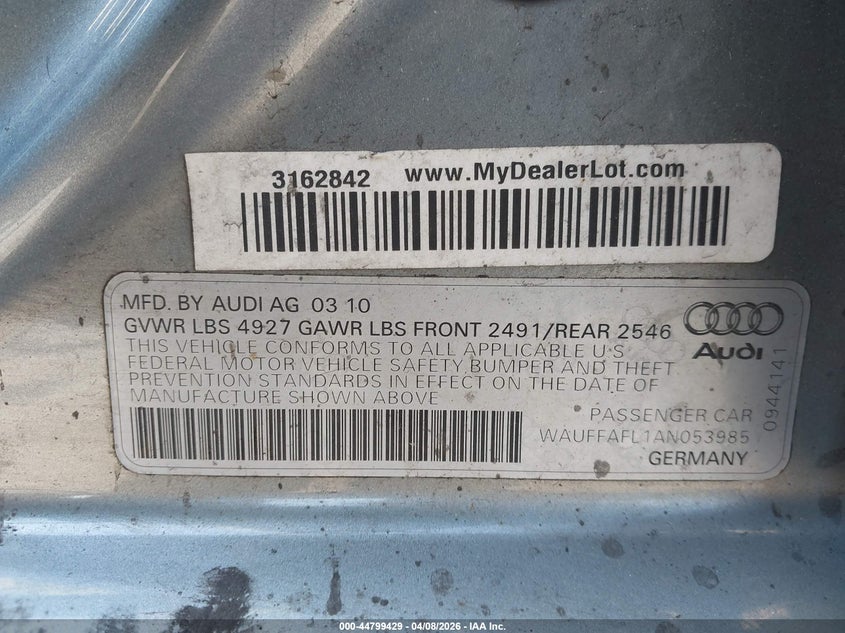 2010 Audi A4 VIN WAUFFAFL1AN053985 IAAI salvage auction — FRONT & REAR, Salvage (New Jersey), sold $425 on 2026-07-20 (photo 9)