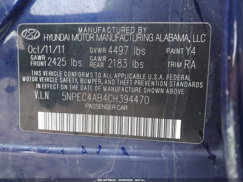 2012 Hyundai Sonata VIN 5NPEC4AB4CH394470 IAAI salvage auction — RIGHT FRONT, Salvage (Texas), sold $325 on 2026-07-30 (photo 9)