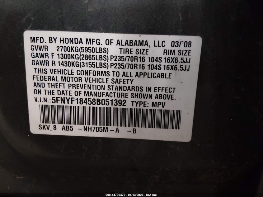 2008 Honda Pilot VIN 5FNYF18458B051392 IAAI salvage auction — LEFT FRONT, Prior Salvage (Minnesota), sold $600 on 2026-07-09 (photo 9)