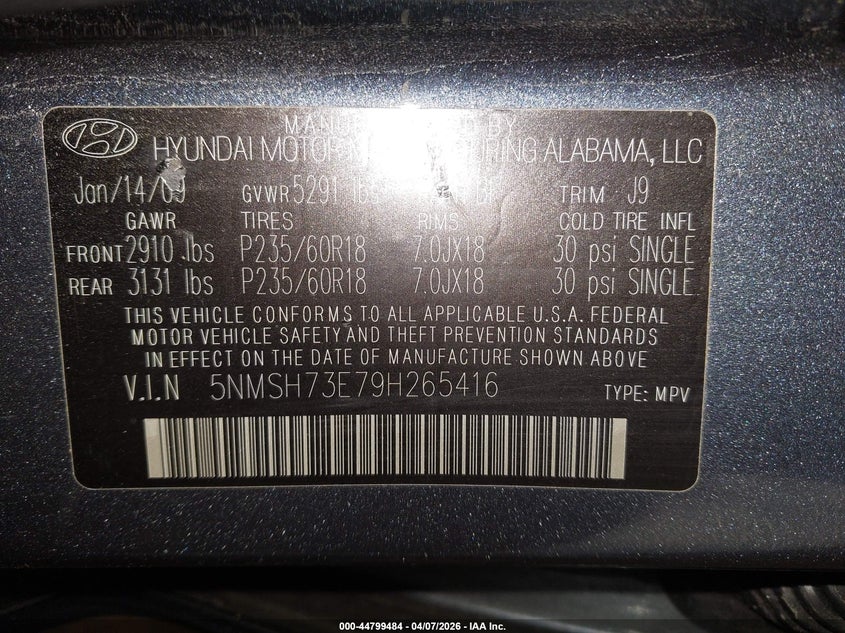 2009 Hyundai Santa fe VIN 5NMSH73E79H265416 IAAI salvage auction — REAR END, Salvage (Iowa), sold $550 on 2026-09-03 (photo 9)