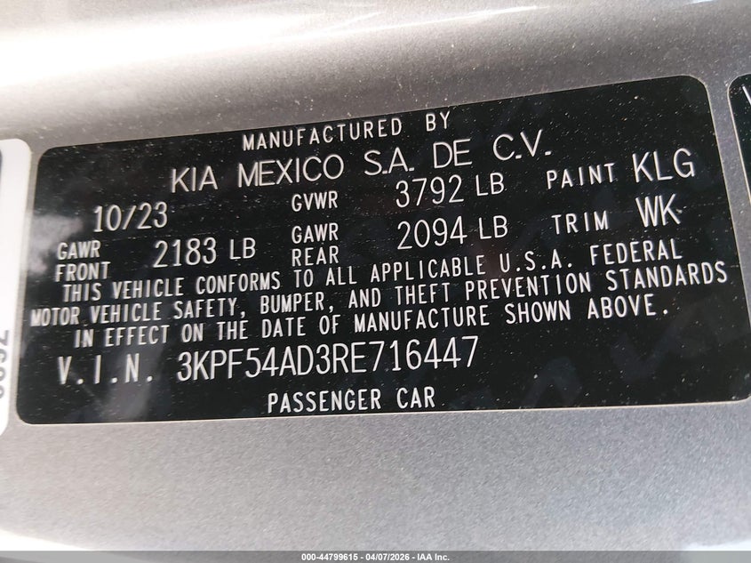2024 Kia Forte VIN 3KPF54AD3RE716447 IAAI salvage auction — LEFT FRONT, Original (Texas), sold $7,850 on 2026-07-08 (photo 9)