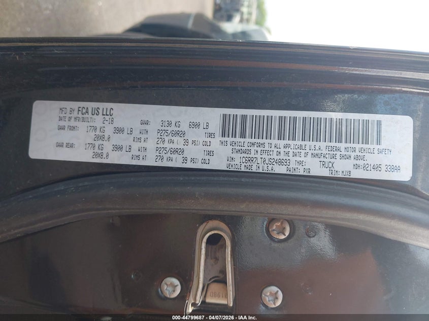 2018 Ram 1500 VIN 1C6RR7LT0JS248693 IAAI salvage auction — UNKNOWN, Salvage (Hawaii), sold $2,925 on 2026-08-04 (photo 9)