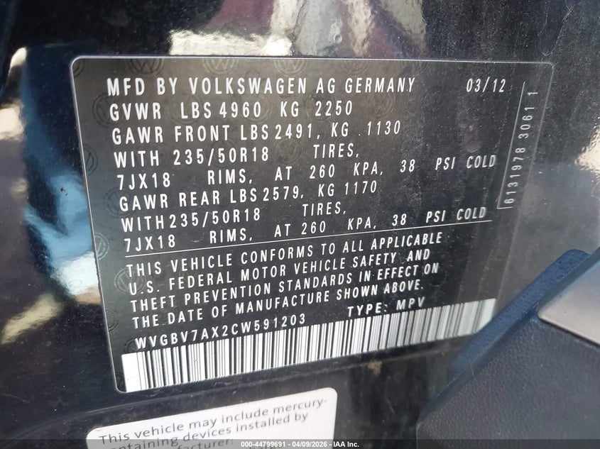 2012 Volkswagen Tiguan VIN WVGBV7AX2CW591203 IAAI salvage auction — FRESH WATER, Salvage Title, sold $425 on 2026-07-10 (photo 9)